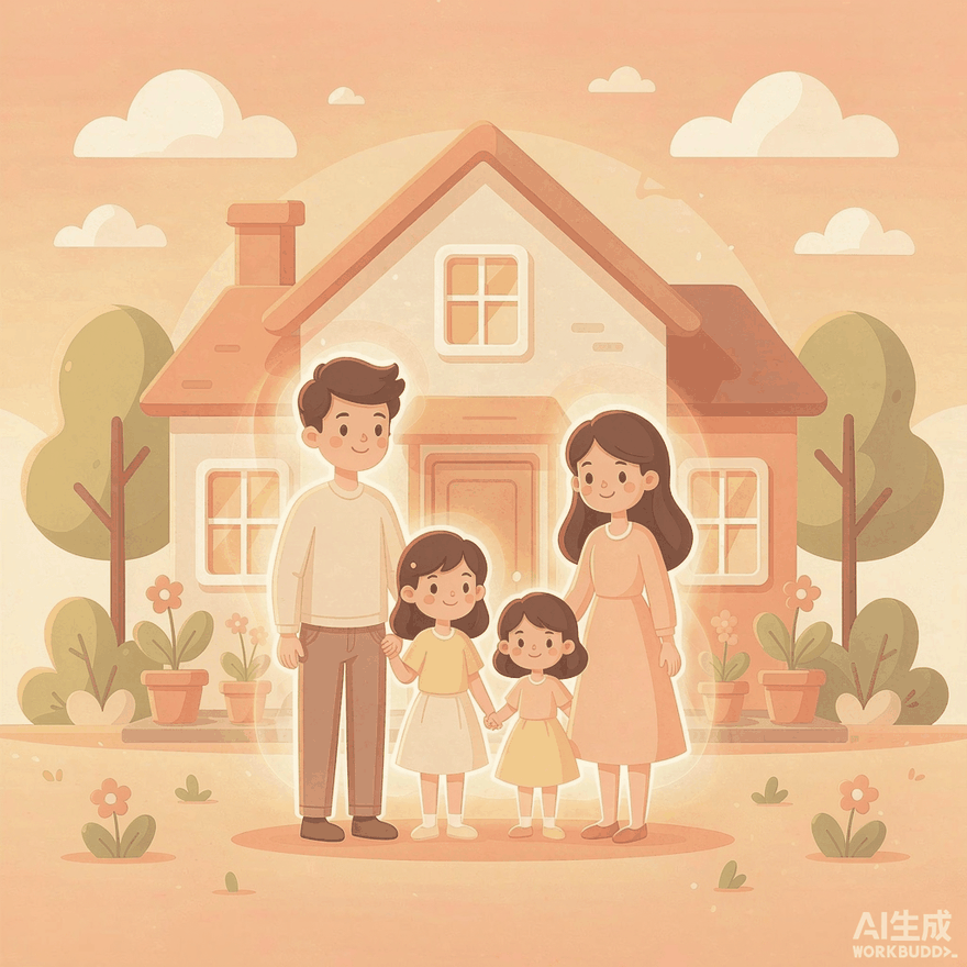 一家四口门前手拉手
